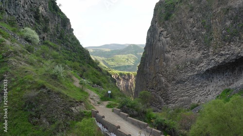 View of mountains and historic bridge from Garni Gorge in Armenia