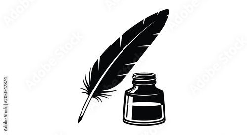 Quadro su tela feather and inkwell illustration in black and white silhouette