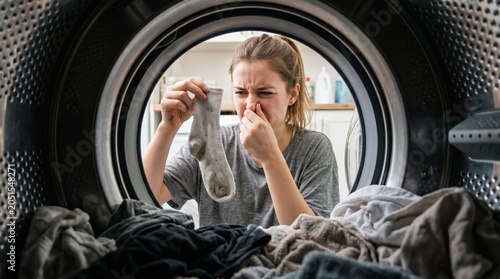 A woman holds her nose while inspecting a smelly sock in washing machine. Concept of household chores, laundry issues, and unpleasant odors, suitable for lifestyle and home care themes. Generative AI