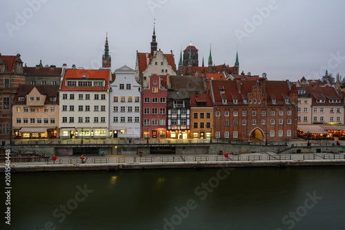Panoramic view from Granary Island of the Old Town of Gdańsk, Poland.