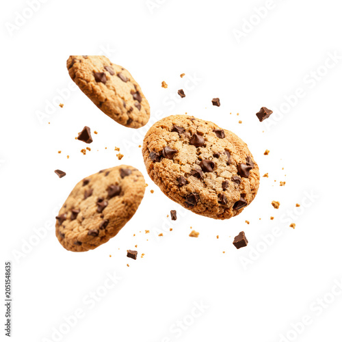 Flying chocolate chip cookies with crumbs isolated on transparent background food elements.