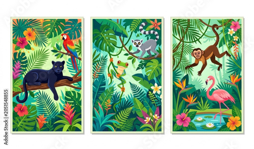 Photography Jungle Animals Poster Set with Panther Parrot Frog Lemur Monkey and Flamingo Vector Banners