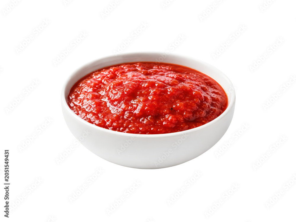 Fototapeta Homemade fresh tomato sauce or ketchup in a white bowl isolated on transparent background.