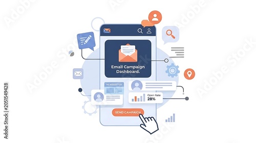 Email campaign dashboard on a mobile device with various icons