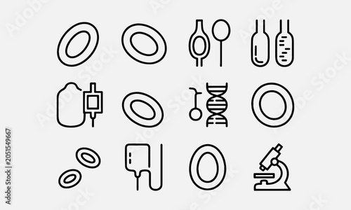 Hematology flat line icons set. Blood cell, vessel, sphygmomanometer, dna test, biochemical microscope vector illustrations