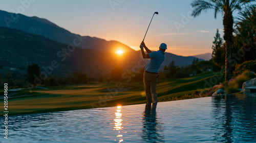 A glamorous luxury resort infinity pool with a glass edge overlooking a pristine golf course at golden hour, lone male golfer silhouette mid-swing on the nearest fairway visible be