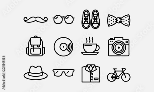 Hipster Style Flat Line Stroke Icon Pictogram Symbol Illustration. Mustache, Sunglasses, Sneaker, Bow Tie, Backpack, Coffee2