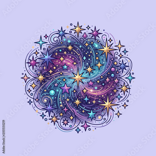 A vibrant circular illustration of swirling stars and cosmic dust