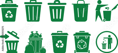 Waste management and recycling line icons set featuring trash bins, garbage containers, recycle truck, and cleanup symbols. Ideal for environmental, sanitation, and sustainability projects.