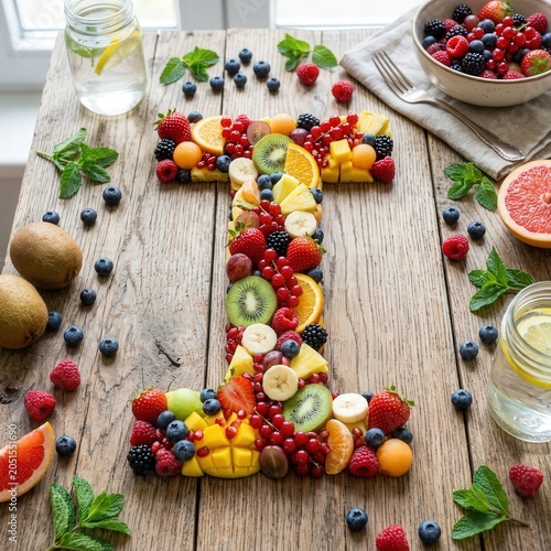 Creative collage of fresh fruits and berries forming the letter I