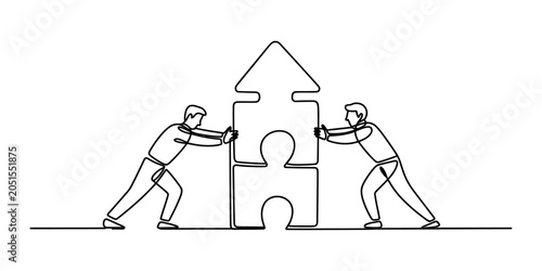 Cuadro en lienzo Two businessmen pushing pieces of a puzzle together to build a tall arrow sign r