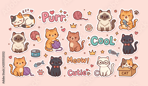 Adorable kawaii kitten stickers with yarn and cute sayings ball of yarn black cat orange cat white kitten sticker lover kawaii art sheet domestic