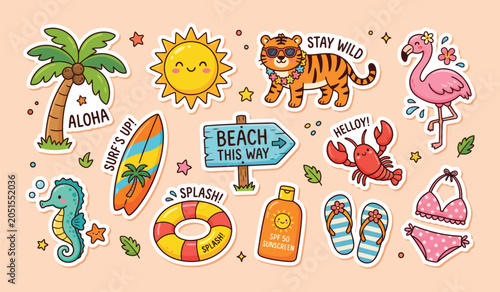 Canvastavla Tropical beach vacation sticker collection with cute animals palm tree beach sig