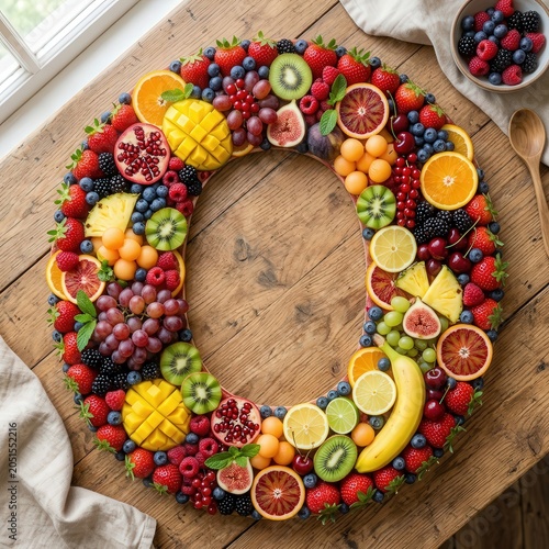 Creative collage of fresh fruits and berries forming the letter O