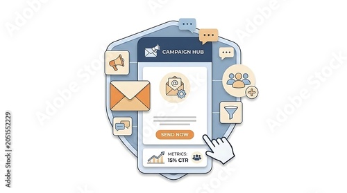 A campaign hub interface on a mobile device with various marketing icons
