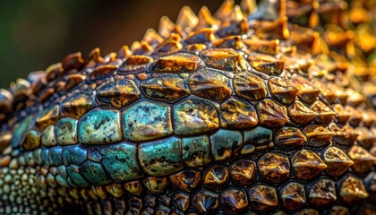 Closeup of reptile scales with vibrant colors.