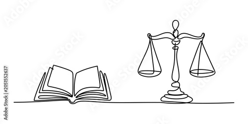 Fotografie Continuous single line drawing of an open law book and a metal scale of justice