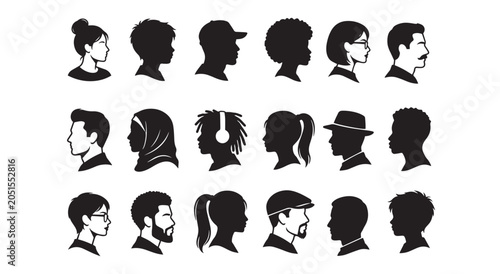 Set of diverse human profile silhouette avatar collection icon on a white background