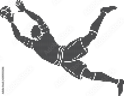 Goalkeeper diving for ball in air illustrated with black halftone dots on checker board.