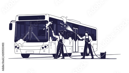 Schilderij op canvas Bus Wash Maintenance: Two professionals in overalls meticulously clean a large bus, using a hose and spray to ensure its pristine appearance