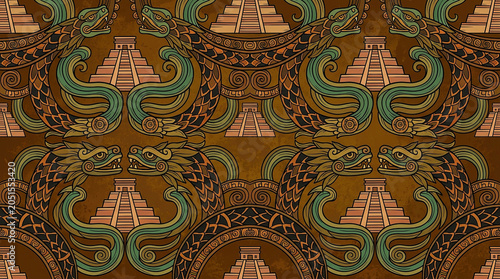 Aztec feathered serpent pattern with pyramid elements on textured background.