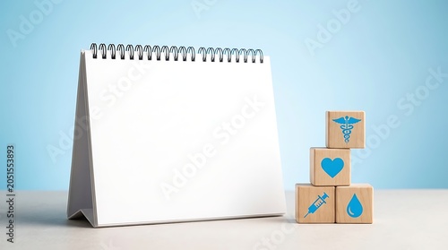 Blank calendar with medical icons on wooden blocks healthcare schedule, medical appointment, and health checkup concept