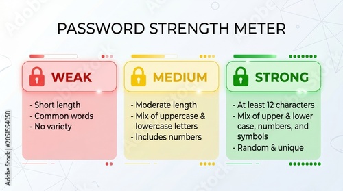 Password strength meter interface with weak, medium, strong indicators