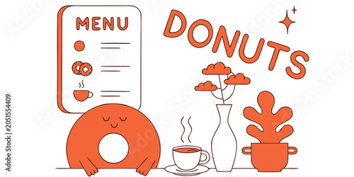 Photos Donut shop menu design illustration with cute cartoon mascot and hot coffee cup