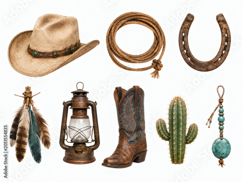 Vintage cowboy wild west elements set with hat lasso boot and horseshoe isolated on white