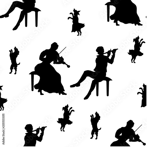 Bild auf Leinwand Woman playing the violin, man playing the flute,  dogs dancing, rococo style black  vector illustration