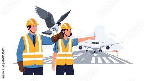 Fotografia Airport Bird Control: A falconer and assistant, equipped with protective gear and a trained falcon, oversee a runway as an airplane prepares for takeoff, ensuring aviation safety