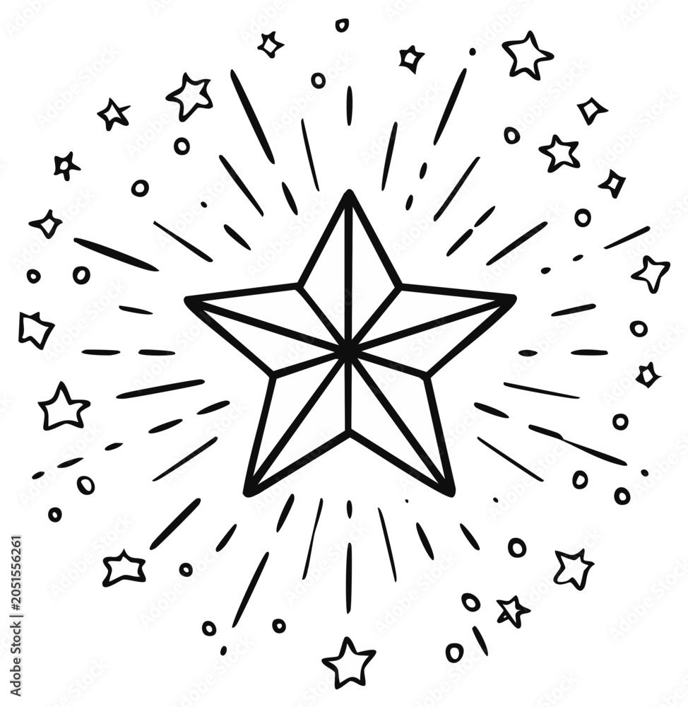 Obraz premium Black star illustration with rays and surrounding small stars, celestial design