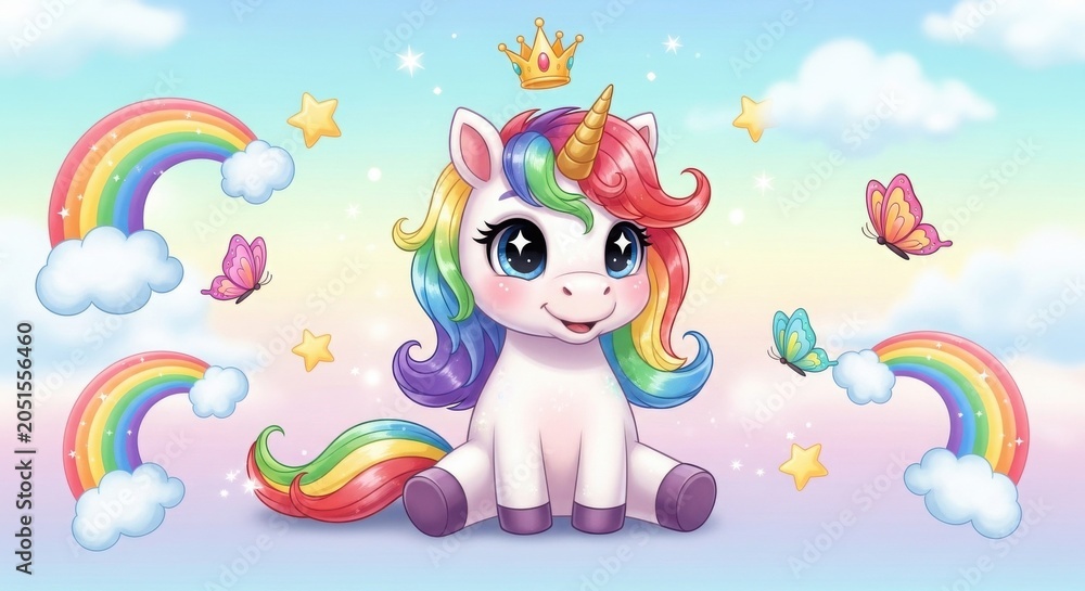 Naklejka premium Colorful unicorn sitting on fluffy clouds with rainbows