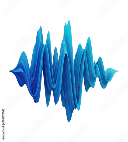 Blue 3D abstract waveform representing sound, frequency and energy on a transparent background