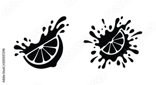 Fényképezés Citrus slice with splash effect black and white silhouette lime lemon orange fru