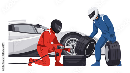 Obraz na płótnie Race Pit Stop: Two pit crew members in racing suits perform a rapid tire change on a sleek race car, emphasizing speed and precision in a high-stakes motorsport environment