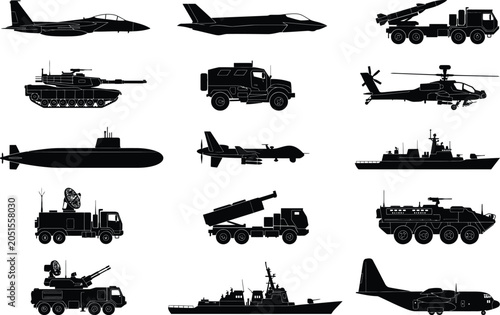 Foto Military vehicles and aircraft silhouette collection tanks jets helicopters ship