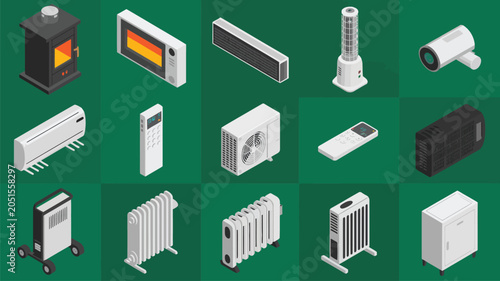 Set of fifteen isometric icons representing various home heating and cooling climate systems.