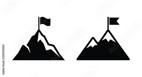Canvas Print Two mountain peak silhouettes with flags a minimalist black and white graphic si