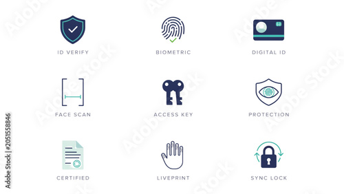 Fotografie Modern security and protection icons set with shield, lock, and key elements Vec