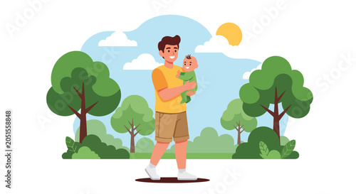 Foto Flat style vector illustration of a dad carrying his baby during a relaxing outdoor walk, enjoying nature and strengthening family bonds