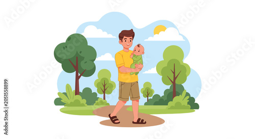 Canvas-taulu Flat style vector illustration of a dad carrying his baby during a relaxing outdoor walk, enjoying nature and strengthening family bonds