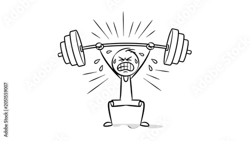 Quadro su tela Extremely struggling stick figure weightlifter man sweating and grimacing, straining to lift a very heavy barbell overhead with intense effort, isolated white background