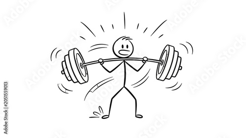 Schilderij op canvas Struggling stick figure weightlifter man grimacing and straining to lift a very heavy barbell overhead, showing immense effort, isolated white background