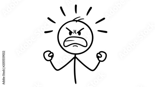 Bilde på lerret Very angry stick figure man frowning intensely, clenching fists in rage, with radiating lines around head, isolated white background