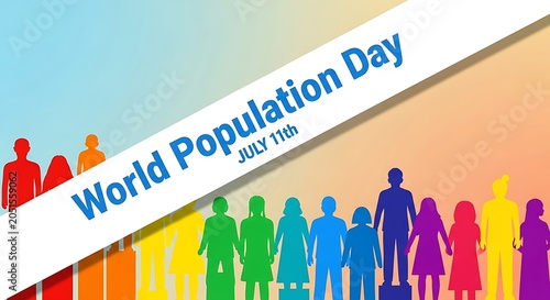 World population day banner with colorful human silhouettes and a diagonal title text overlay art