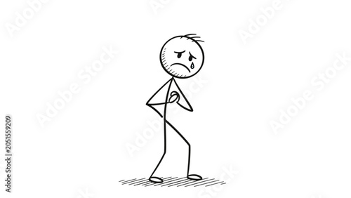 Schilderij op canvas Sad Stick Figure Man Standing Dejectedly and Crying with Tears, Expressing Sorro