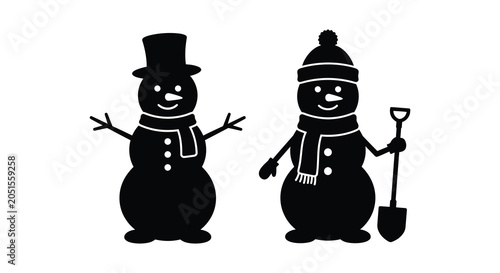 Canvas-taulu Two snowman figures in black silhouette against a white background silhouette sn