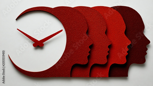 Abstract Concept of Clock and Layered Female Face Profiles in Red Shades, Symbolizing Biological Aging and Menopause Cycles