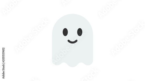 A charming and friendly ghost character illustration, a simple flat vector cartoon phantom icon with a happy smile, ideal for Halloween fun